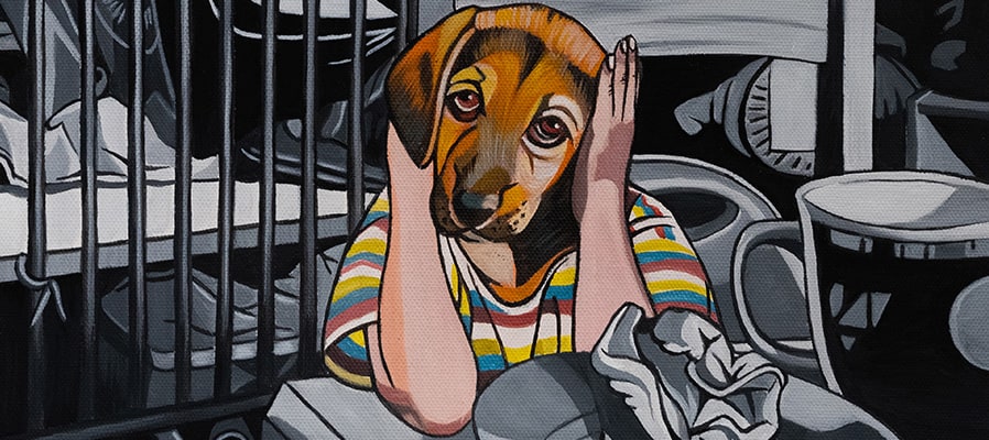 Illustration von Mensch mit Hundekopf als Symbol für den Escape Game-Raum Poverty von Time-Busters Wien