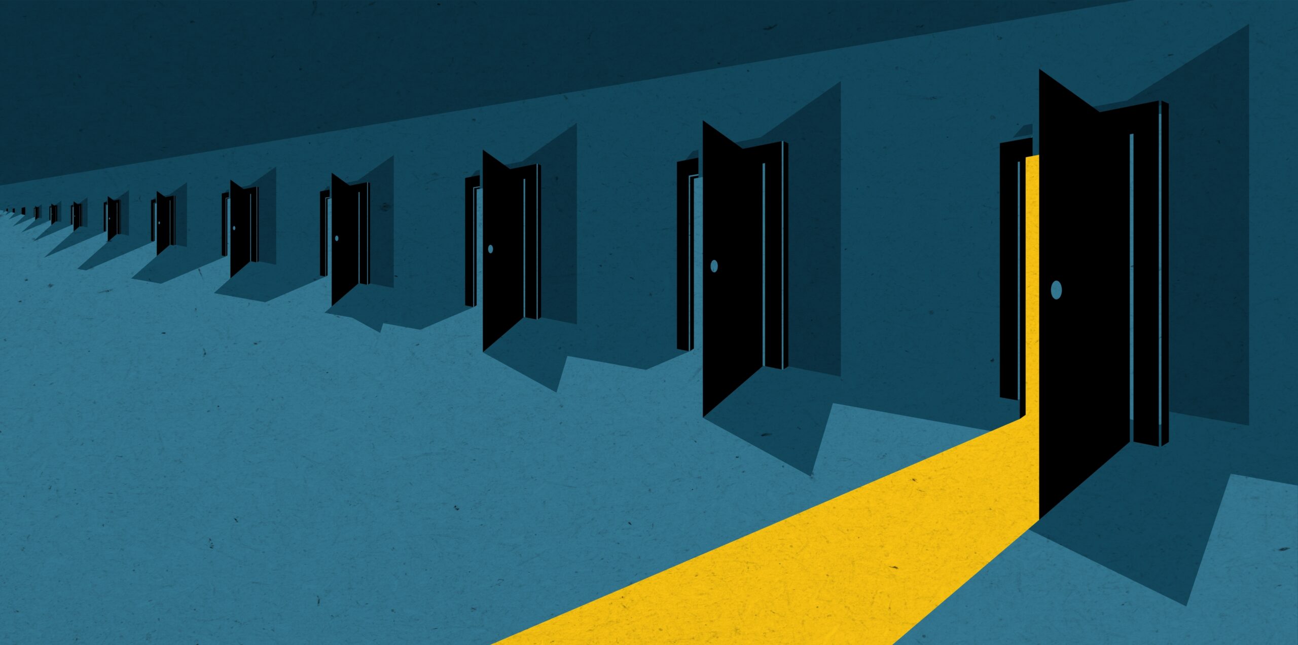 Illustration von mehreren Türen, Licht kommt aus einer Tür für Escape Game Time-Busters Wien